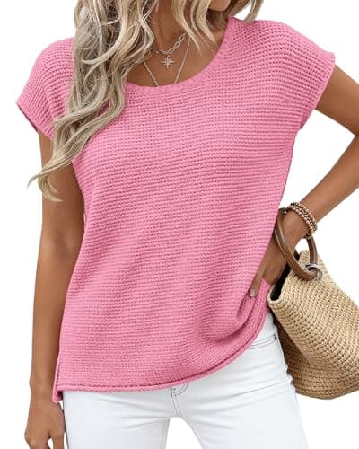 BTFBM Sweater Vest Women 2026 Spring Summer Cap Sleeve Crew Neck Casual Loose Business Tops Western Vacation Outfits(Pink, X-Large) - Thumbnail 3
