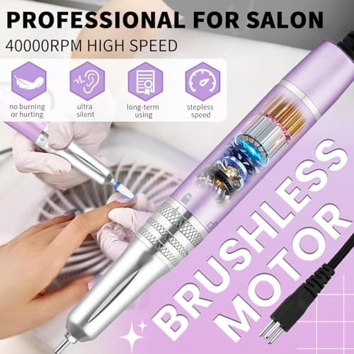 Kredioo Professional Nail Drill Brushless 40,000RPM Rechargeable 2-in-1 Portable Electric Nail File Ultra Silent Salon Must Haves Nail Tool Kit Removing Acylic Gels-Purple - Thumbnail 2