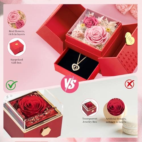 Tyvouflo Preserved Roses Forever Flowers with Heart in 100 Languages Mom Necklace Birthday Gifts for Her Wife Girlfriend Grandma on Valentines Christmas Anniversary Romantic-Pink - Thumbnail 5