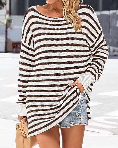 KIRUNDO Women's 2026 Fall Winter Oversized Long Sleeve Striped Sweater Casual Crewneck Side Split Pullover Knit Tops(Striped Coffee, X-Large) - Thumbnail 2