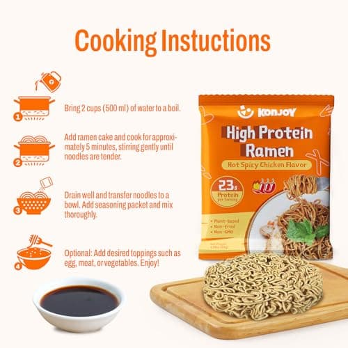 KONJOY High Protein Ramen Noodles - Hot Spicy Chicken Flavor, 23g Plant Based Protein, Low Fat & Non Fried, Non-GMO, Vegan Instant Noodles, 5 Pack - Thumbnail 6
