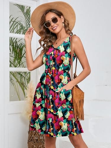 Heymoments Women Summer Dress Multicolored XX-Large Sleeveless V Neck Casual Cute Loose Sundress Comfy Swing Button Down Midi Work Flowy Tunic Ladies Beach Vacation Teacher Dresses with Pockets - Thumbnail 2
