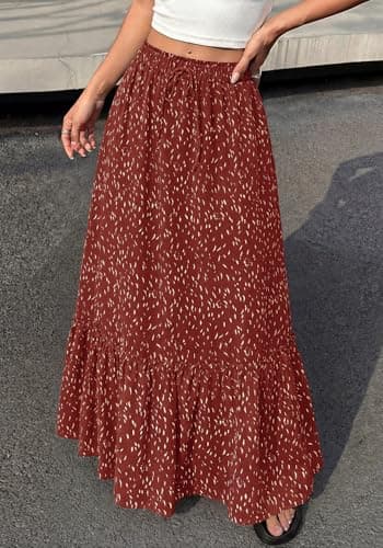 BTFBM Womens Boho Maxi Skirt 2026 Summer Floral High Waisted Flowy Tiered Long Spring Beach Vacation Skirts Pockets(Red, Medium) - Thumbnail 2