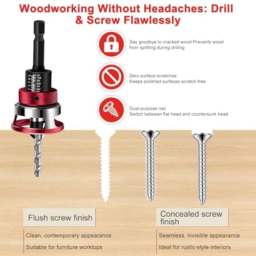Naerza 7-Piece Countersink Drill Bit Set with Aluminum Alloy Stop Collar, Screwdriver Bit & HSS M2 Tapered Bits, 1/4" Hex Shank Drilling Kit for Woodworking - Thumbnail 2