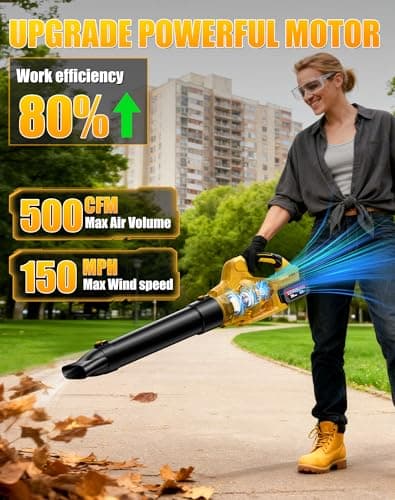 Leaf Blower Cordless with Battery and Charger, 500CFM, 6 Speed Modes, Electric Leaf Blower Compatible with Dewalt 20V Battery & Tools, Blowers for Lawn Care, Snow, Dust, Blowing Leaves - Thumbnail 2