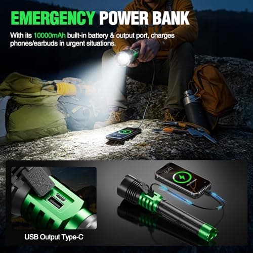 WdtPro Rechargeable LED Flashlights High Lumens, Super Bright 90000LM Rechargeable Flashlight with LCD Display, 5 Modes & Waterproof Powerful 10000mAh 30H Flashlight for Camping Emergency Green - Thumbnail 6