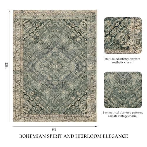 Luxcrest Green and Beige 9x12 Rug: Vintage Washable Rugs for Living Room Bedroom Soft Non Slip - Thin Stain Resistant Carpet for Dining Room Indoor - Thumbnail 2
