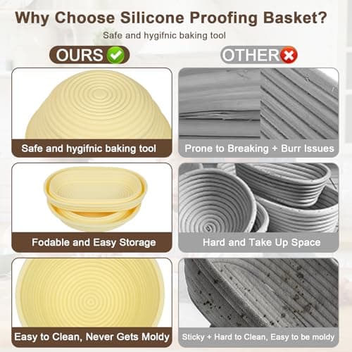 JOCXSPI Silicone Sourdough Starter Kit, Upgraded & Thickened 9" Round & 10" Oval Banneton Bread Proofing Basket, Foldable, Non-Stick Sourdough Basket with Bread Sling & Baking Supplies Tools - Thumbnail 5