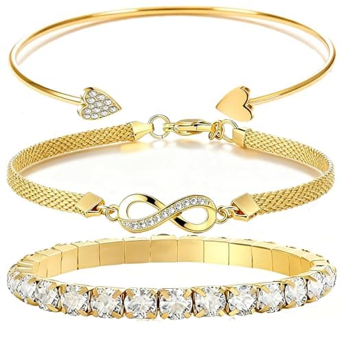 Alegend 14K Gold 3PCS Stackable Crystal Bracelet Set - Heart & Infinity Symbol Bangles, Chic Women's Jewelry - Image 1