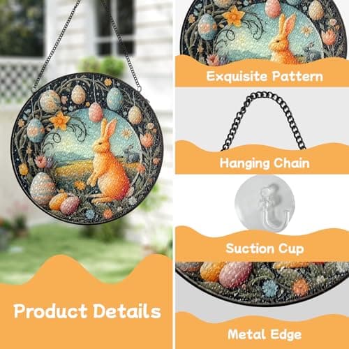Easter Bunny Stained Glass Window Hanging Suncatcher, Colorful Rabbit with Egg Spring Decor for Home Garden, Animal Glass Art Ornament, Birthday Gift for Women Mom Nana, 7.8 Inch Sun Catcher - Thumbnail 3