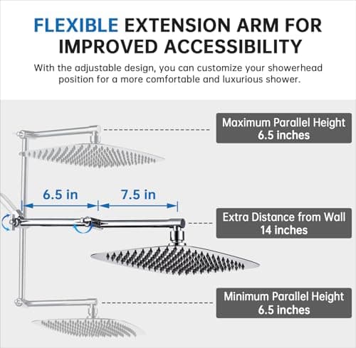 G-Promise All Metal 14 Inches Rainfall Shower Head with Handheld Spray Combo, 3 Settings Diverter, Adjustable Extension Arm with Lock Joints, 71 Inches Stainless Steel Hose (Chrome) - Thumbnail 4