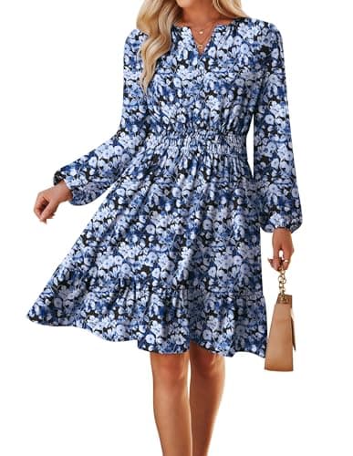 Spring Dresses for Women 2026,Casual Long Sleeve Floral Mini Dress,Black Blue Wedding Guest Dress S - Image 1