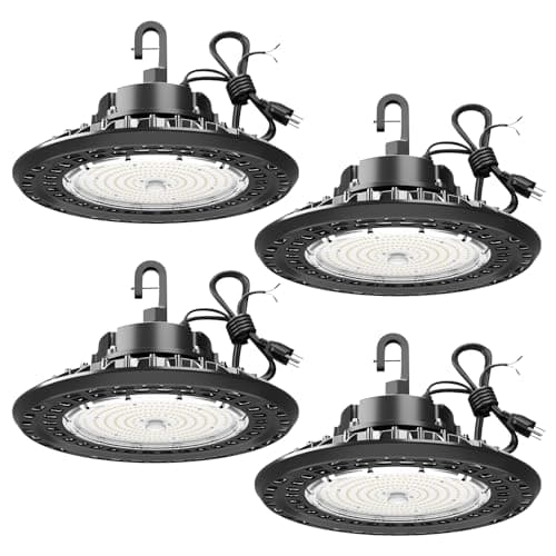 G GJIA LED High Bay Light Super Bright Dimmable AC100-277V 150W 22500LM 5000K DLC/ETL Listed Lights 6ft with US Plug High Bay LED Light Warehouse Workshop (4 Pack)