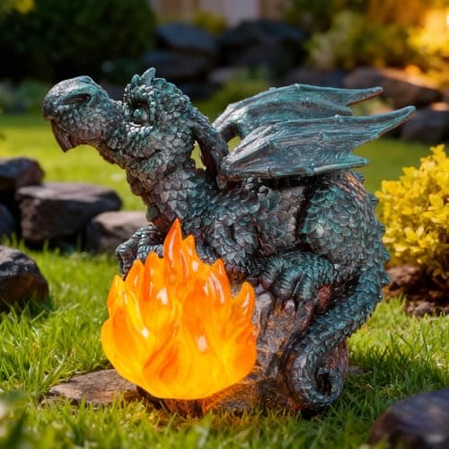 U WONDERFUL Solar Dragon Garden Decor, Porch Dragon Statue with Fiery Light - 6.8 inch Lawn Ornaments, Outdoor Decorative Art Gift for Patio, Yard, Backyard, Porch