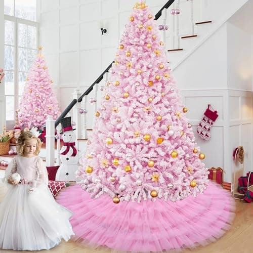 Ivarunner Pastel Pink Tulle Valentine's Day Tree Skirt 48 Inch, Large Ruffle Christmas Tree Skirt for 7.5 FT Trees, 6-Layer Elegant Wedding Baby Shower Tree Mat, Pink Coquette Preppy Room Decorations - Thumbnail 3