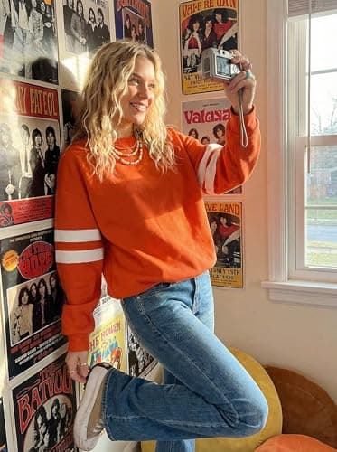 KevaMolly Women Varsity Striped Drop Shoulder Sweatshirt Orange XXL - Thumbnail 2