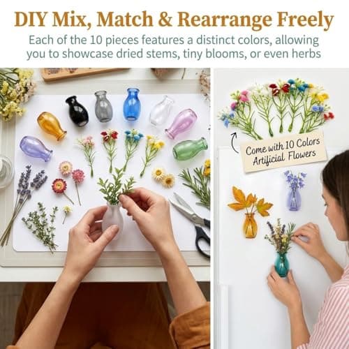 10Pcs Fridge Magnets, Mini Vase Magnets for Fridge with 10Pcs Artificial Flowers,Cute Glass Flowers Pot Refrigerator Magnets for Kitchen Home DIY Decoration,Gifts for Women Mom Family and Friends - Thumbnail 6