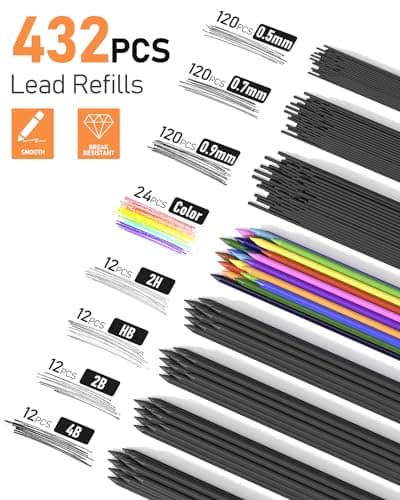 Four Candies 25PCS Art Mechanical Pencil Set with Case, 3PCS Metal Artist Lead Pencil 0.5, 0.7, 0.9 mm & 3PCS 2mm Holder (HB 2H 2B 4B Color) with 432PCS Graphite Lead Refills for Drawing Sketching - Thumbnail 2