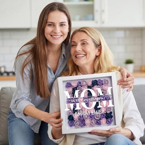 Personalized Mom Flower Shadow Box with LED Light, Custom Rose Frame with Kids Names, Mother's Day Birthday Gift for Mom Grandma Nana, Custom Text Flower Colors, Shelf Decor (Variegated) - Thumbnail 3