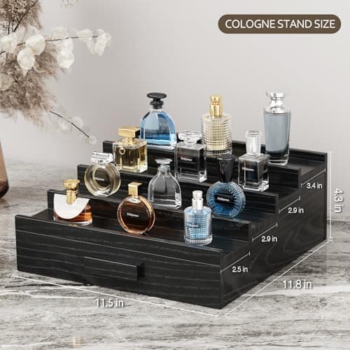Hrbjunuo Solid Walnut Cologne Organizer for Men, 4 Tier Cologne Stand, Wooden Cologne Holder Display Shelf with Drawer Storage and Hidden Compartment, Black Perfume Stand Organizer, Gifts for Men - Thumbnail 3