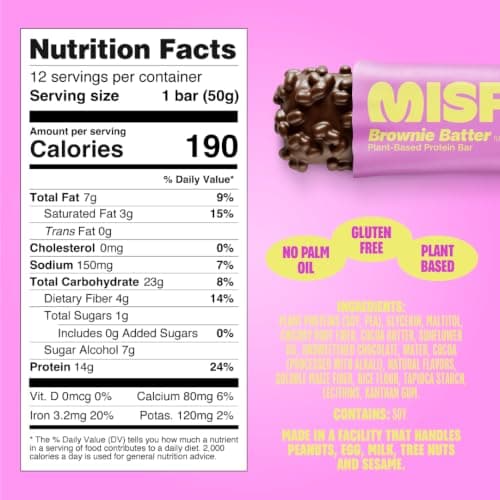 Misfits Vegan Protein Bars - Fudgey Brownie Batter| Nutrition Bars - 14g Protein, 1g Sugar, Plant-based, Low Carb, Non-GMO, Gluten Free Snacks | Pack of 12 - Thumbnail 2