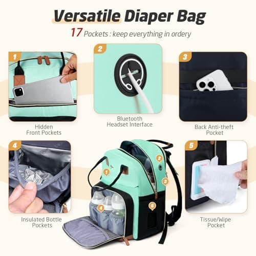 Tonyeee Diaper Bag Backpack - Extra Large Diaper Bag for 2 Kids Twin, Travel Baby Bags for Mom Dad 25-37L Expandable with Changing Pad Earphone Hole, Green Black - Thumbnail 5