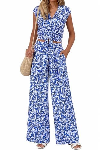 PRETTYGARDEN 2 Piece Sets For Women Summer Striped Button Down Tie Front Crop Tops Wide Leg Pants Floral Lounge Set 2026(Floral Blue,X-Large) - Image 1