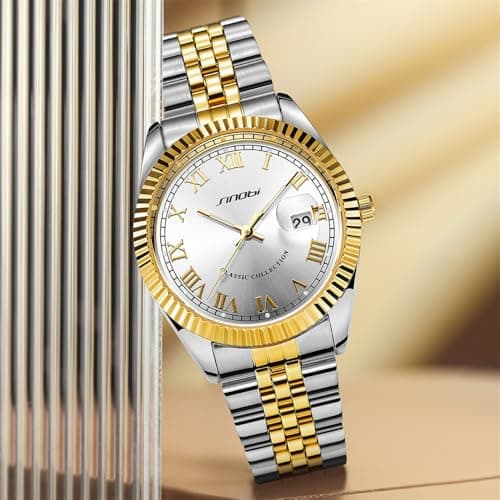 SINOBI Men's Luminous Hand Calendar Date Quartz Watch Classic Stainless Steel Watches for Men (Silver-Gold) - Thumbnail 2