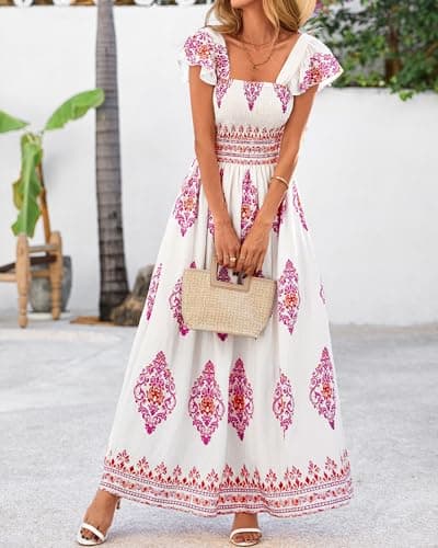 BTFBM Summer Dresses for Women 2026 Casual Floral Boho Sleeveless Square Neck A Line Flowy Beach Maxi Sundress Pockets(Floral White Rose Red, Small) - Thumbnail 5