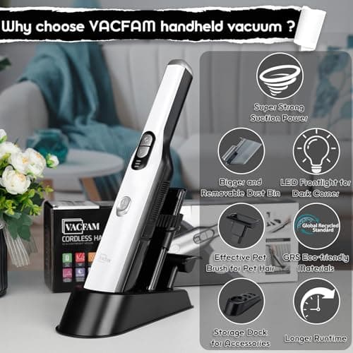 Handheld Cordless Vacuum Cleaner, Portable Car Vacuum with 18KPa Suction Power, Quick-Charge Hand Vac with LED Headlight & Storage Dock for Home Office Desk Keyboards Pet Hair, White - Thumbnail 2