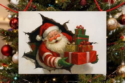 This two-piece vintage Santa and snowman holiday decoration tin plaque set measures 12 x 8 inches. Suitable for indoor and outdoor use, it makes a great winter decoration and gift. Perfect for display in your home, bathroom, garage, or patio. - Thumbnail 2