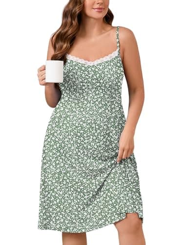 AusLook Plus Size Women's Nightgown Daisy Green 1X Spaghetti Strap Sleepwear Soft Sleeveless Lace V Neck Cami Sleep Dress - Image 1