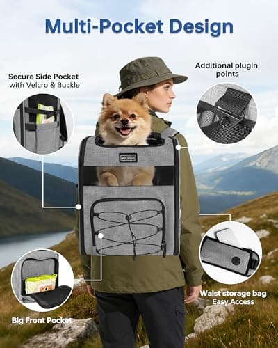 Hiking Dog Carrier Backpack, Padded Height-Enhancing Design, Adjustable Waist Cushioning Belt with Breathable Padded Back Support, Dog Carrier Backpack for Small Dogs Max 13LB Grey with Pad - Thumbnail 5