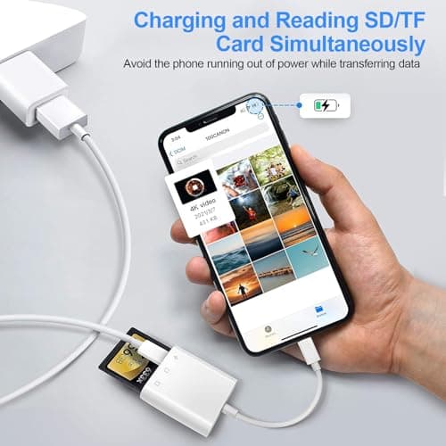 Denlane SD Card Reader for iPhone iPad with Lightning Port, SD & Micro SD Dual Slots Memory Card Reader for Digital Trail Camera Card Adapter SD Card Viewer, Simultaneous Charging and Reading - Thumbnail 4