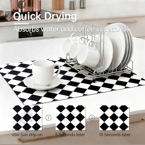 Checkered Dish Drying Mat for Kitchen Counter 24x16 Inch, Super Absorbent Microfiber Resistant Mat, Reusable Place Mats,Aesthetic Coffee Car Accessories,Office Desk Pad Protector,Kitchen Mat - Thumbnail 3