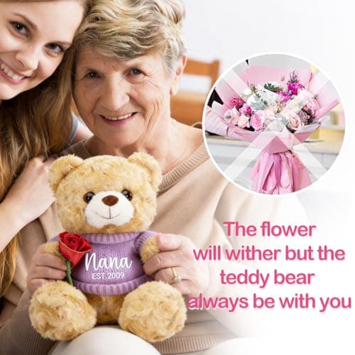 12'' Personalized Mother's Day Embroidered Teddy Bear with Rose, Custom Name Stuffed Plush Teddy, Soft Mom Bear Gift for Mother's Day, Birthday, Customized Gift for Mom Grandma from Daughter Son - Thumbnail 6