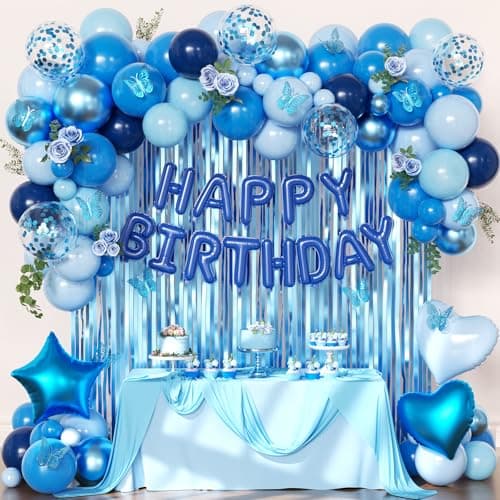 Navy Blue Birthday Decorations for Men Boys, Navy Blue Macaron Light Metallic Blue Confetti Balloons Happy Birthday Banner Butterfly Fringe Curtains for 21st 25th 30th Birthday Decorations - Image 1
