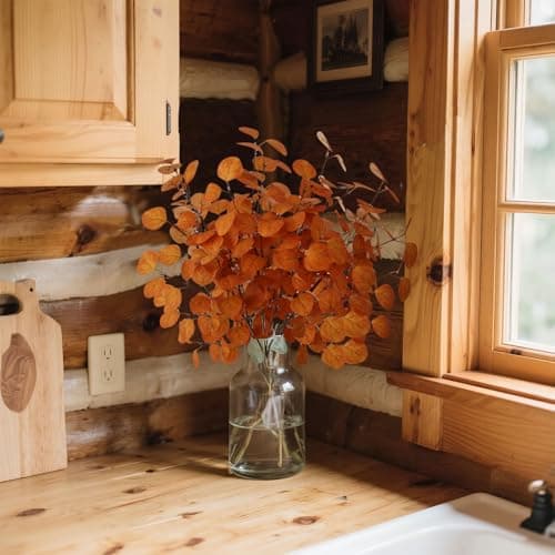 siqifloral 4PCS 26.32" Burnt Orange Fall Eucalyptus Stems Artificial Eucalyptus Leaves for Autumn Vase Decoration,Rustic Thanksgiving Centerpiece & Christmas Home Decor - Thumbnail 4