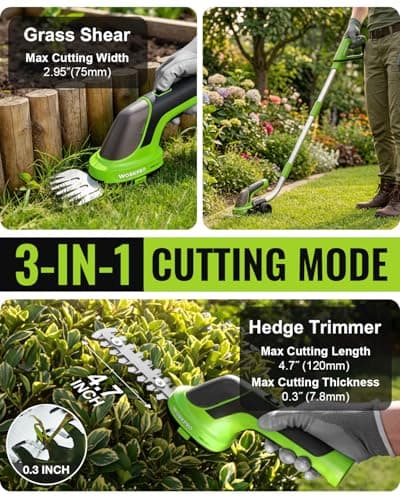 WORKPRO 3.6V Hedge Trimmer Cordless, 3-in-1 Electric Hedge Trimmer & Grass Cutter with 37'' Wheeled Extension Pole, 4.0Ah Removable Battery & Type-C Cable, Lightweight Bush Trimmer for Lawn & Garden - Thumbnail 2