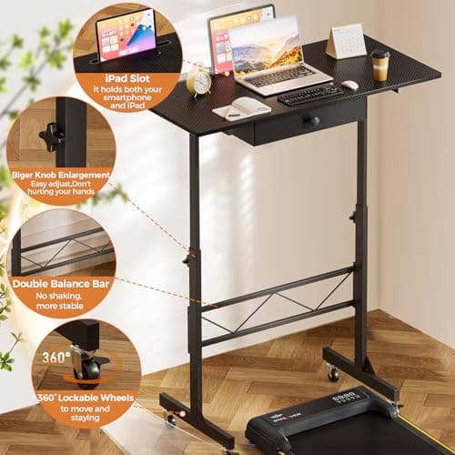 COMHOMA Small Standing Desk Adjustable Height Small Computer Desk Mobile Portable Rolling Laptop Table with Wheels 32" Computer Workstation Sit Stand Desks Portable Standing Table Treadmill desks - Thumbnail 5