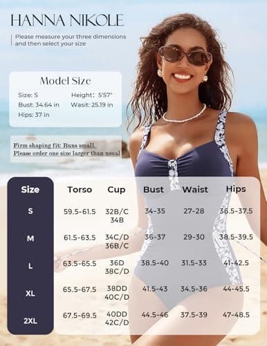 Hanna Nikole Push Up Swimsuits Long Torso Swimwear Full Coverage Slim Bathing Suit Navy Blue White Florals XX-Large - Thumbnail 5