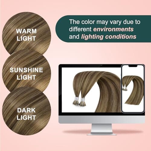 Easyouth Nano Hair Extensions Human Hair Highlight 18 Inch 50G, Nano Beads Extensions Human Hair Medium Brown Highlight Caramel Blonde, Nano Ring Beads Hair Extension Add Volume for Women, 50S - Thumbnail 6