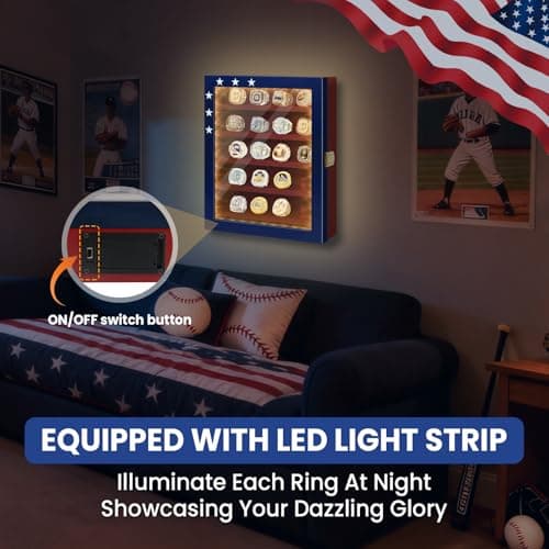 JWHOO Championship Ring Display Case - 20 Ring Posts Baseball Ring Holder, Softball Ring Display Case with LED Light, Wall Mount Wooden Shadow Box for Display Sports Champion Rings - Red & Blue - Thumbnail 3