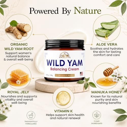 ANGELYCIA Organic Wild Yam Cream for Hormone Balance - Natural Support for Menopause, Perimenopause & PMS Relief - Pure Wild Yam Root Extract Estrogen-Free Balancing Cream for Women - 3.38 oz - Thumbnail 4