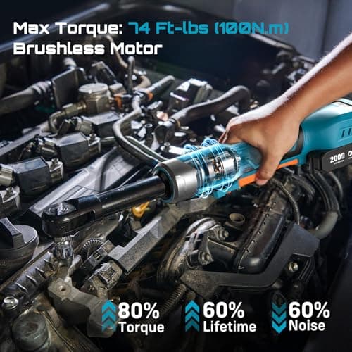 Cordless Electric Ratchet Wrench 3/8", 6" Extended Neck, 3-Speed Adjustable, 74 Ft-lbs Max Torque, 21V Power Brushless Ratchet with 2×2.0Ah Batteries & Fast Charger, 8 Sockets, 1/4"& 1/2" Adapter - Thumbnail 4