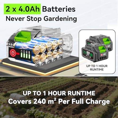 21V Cordless Tiller Cultivator, 8.0Ah Total Power(2×4.0Ah Bat+Bat Charger), 360RPM Electric Garden Tiller,9" Width & 8.6" Depth, SK5 Steel Blades, 3-Stage Adjustable for Garden, Raised Beds & Lawns - Thumbnail 5