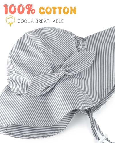 HONGTEYA Baby Sun Hat Cotton Stripe Bow Wide Brim Toddler Beach Bucket Hat - Thumbnail 4
