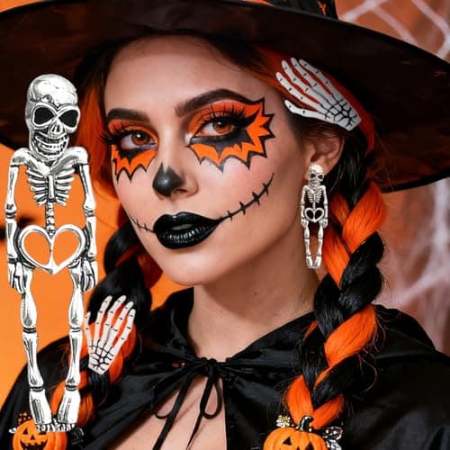 Halloween Decoration for Women, Hair Clips/Earrings,Spooky Skull Skeleton Dangle Punk Hair Clips/Earrings,Halloween Party Makeup(Ear Pendant, 2 Pcs) - Thumbnail 2