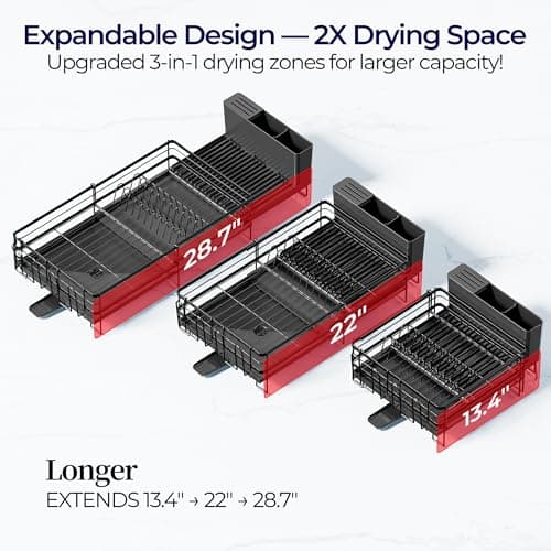 Pantasia Large Dish Drying Rack, Expandable Dish Rack for Kitchen Counter, Dish Drainer with Drainboard Set, Multifunctional Dishrack with Utensil & Cup Holder, 13.4"-28.7" L x 11.8" W x 7.8" H, Black - Thumbnail 5