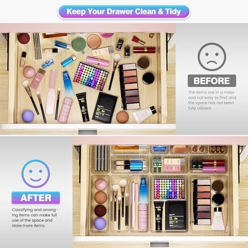 Okylvve 47 PCS Clear Plastic Drawer Organizer Set - 4 Sizes Makeup Organizer Desk Drawer Divider Bathroom Organizers and Storage Bins for Makeup, Jewelry, Gadgets, Office, Kitchen, Bedroom, Bathroom - Thumbnail 3